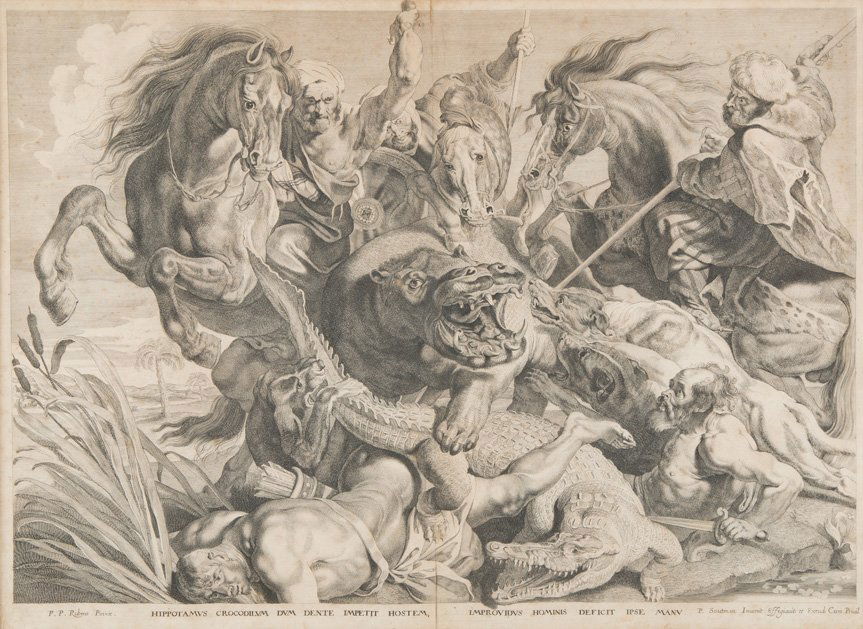 HIPPOTAMUS CROCODILUM DUM DENTE IMPETIT HOSTEM (...): PIETER CLAESZ SOUTMAN Ca. 1580 Haarlem - 1657 ebenda Hippotamus crocodilum dum dente impetit hostem (...) (nach Rubens) Kupferstich auf chamoisfarbenem Bütten, mit Mittelfalz. SM 47 cm x 64 cm. Unten
