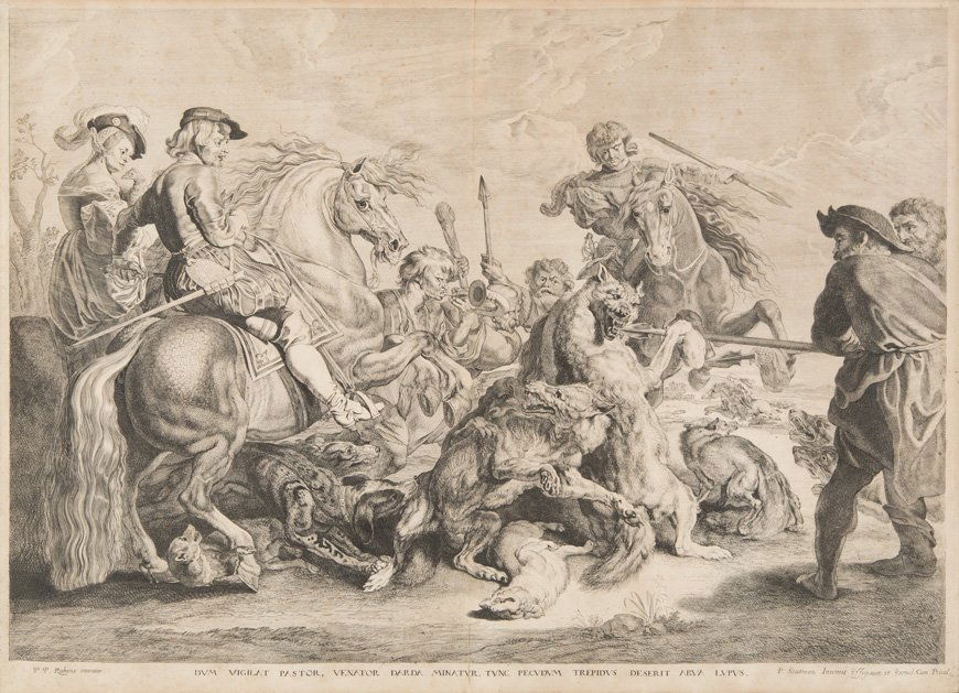 DUM VIGILAT PASTOR, VENATOR DARDA MINATUR TUNC PECUDUM: PIETER CLAESZ SOUTMAN Ca. 1580 Haarlem - 1657 ebenda Dum vigilat pastor, venator darda minatur tunc pecudum trepidus deserit arva Lupus (nach Rubens) Kupferstich auf chamoisfarbenem Bütten, mit Mitte