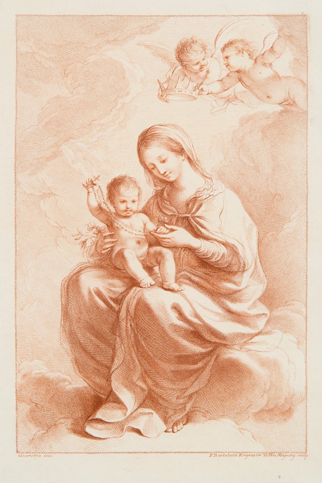 MADONNA MIT KIND UND ENGELN (NACH GUERCINO): FRANCESCO BARTOLOZZI 1727 Florenz - 1815 Lissabon Madonna mit Kind und Engeln (nach Guercino) Punktierstich in Rot-Braun auf Bütten. SM 32,5 cm x 22,5 cm, PM 31,5 cm x 21 cm. Unten rechts in der Plat