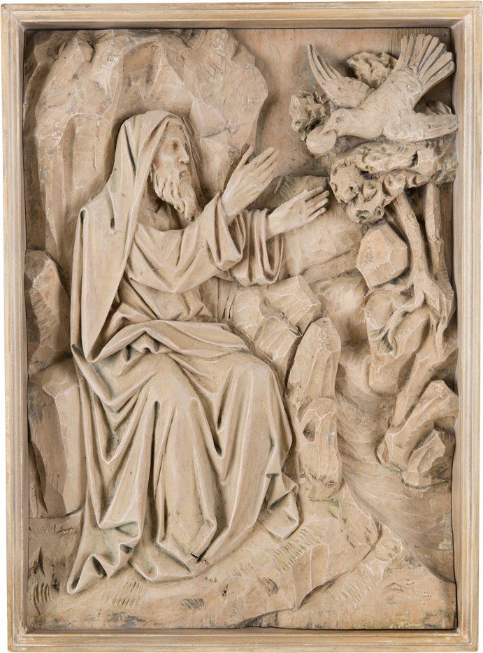 HEILIGER PROPHET ELIAS IN DER WÜSTE: HEILIGER PROPHET ELIAS IN DER WÜSTE Deutsch, 18./ 19. Jh. Holz, reliefplastisch geschnitzt, gefasst. 41 cm x 29,5 cm. Reliefplastisch ausgeführte Darstellung des Propheten Elias, in einer Höhle sit