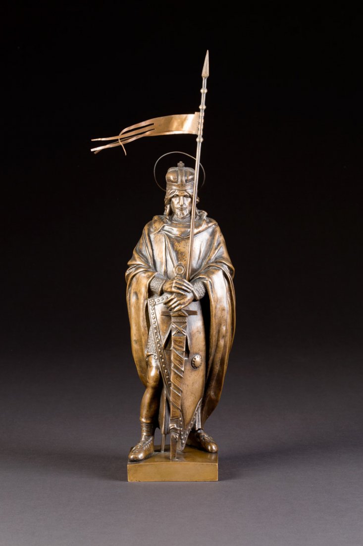 HEILIGER WENZEL VON BÖHMEN: STANISLAV SUCHARDA 1866 Nova Paka - 1916 Prag Heiliger Wenzel von Böhmen Bronze, hell patiniert. H. 44 cm. Seitlich bezeichnet 'Stanislav Sucharda', mit Gießereimarke 'Br. Cermakove v Horovicich'. �