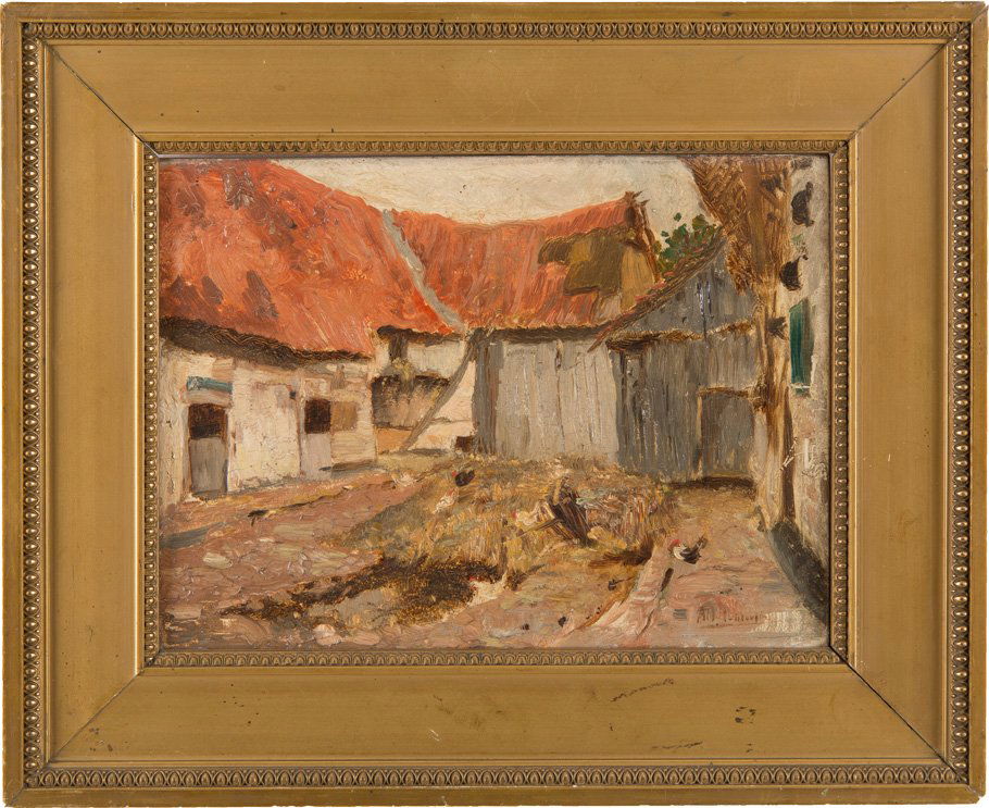 AUF DEM HÜHNERHOF: ALBERT DUMOULIN 1871 Maastrich - 1935 Forest Auf dem Hühnerhof Öl auf Holz. 15,5 cm x 21 cm. Siegniert unten rechts 'Alb. Dumoulin'. Min. ber. Rahmen.