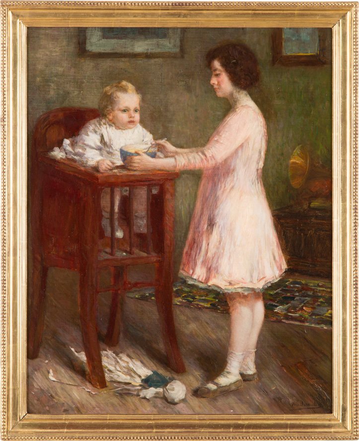 MITTAGSBREI: ALBERT DUMOULIN 1871 Maastrich - 1935 Forest Mittagsbrei Öl auf Leinwand. 72 cm x 57 cm. Signiert und datiert unten rechts 'Alb. Dumoulin 1930'. Rest., ber. Rahmen.