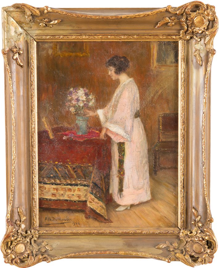 'LA DAME AU BOUQUET': ALBERT DUMOULIN 1871 Maastrich - 1935 Forest 'La Dame au Bouquet' Öl auf Karton. 31,5 cm x 24 cm. Signiert und datiert unten links 'Alb. Dumoulin 1922'. Verso: betitelt. Partiell Craquelée. Rahmen.