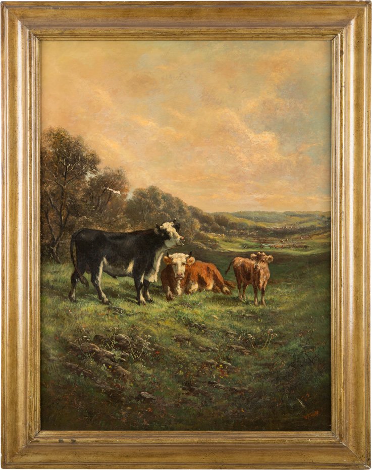 KÜHE MIT KÄLBCHEN AUF DER WEIDE: WILLIAM FREDERICK HULK 1852 Amsterdam - 1906 London Kühe mit Kälbchen auf der Weide Öl auf Leinwand (doubl.). 101,5 cm x 76 cm. Unten rechts signiert 'F.W. Hulk'. Farbbesch. Rahmen.