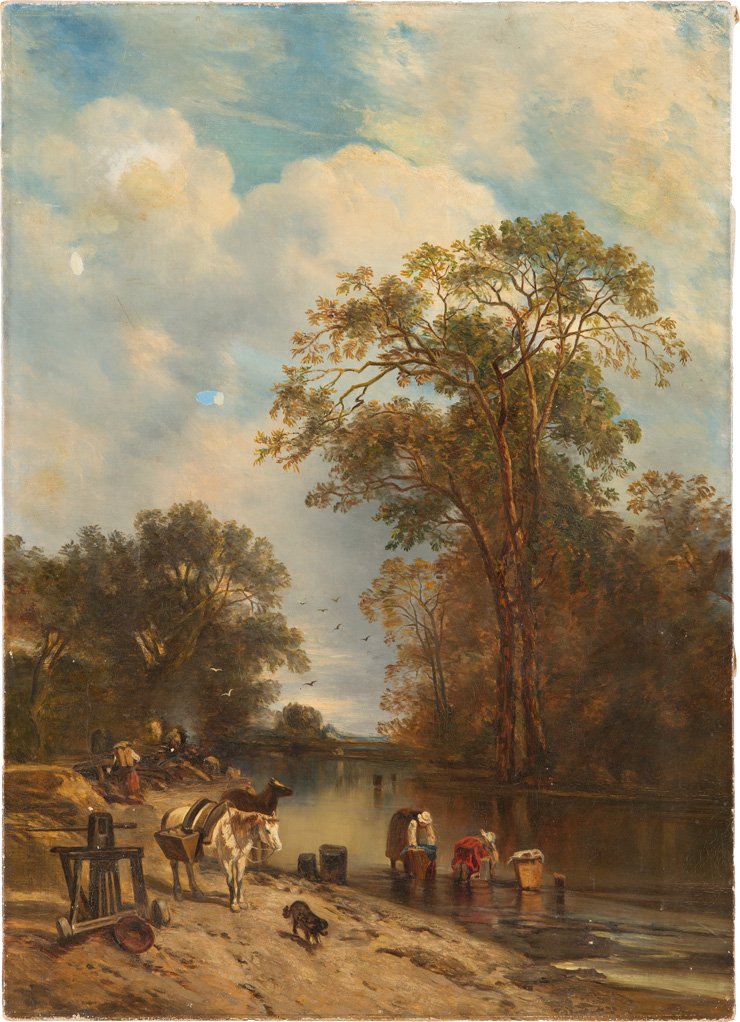 FLUSSLANDSCHAFT MIT WÄSCHERINNEN: CHARLES HOGUET 1821 Berlin - 1870 ebenda - circle Flusslandschaft mit Wäscherinnen Öl auf Leinwand. 84 x 60 cm. Verso: Bezeichnung mit dem Hinweis auf den Künstler. Rest.