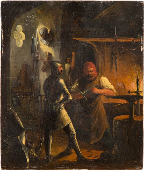 RITTER MIT SCHMIEDEMEISTER IN DER WEKSTATT: CASPAR JOHANN NEPOMUK SCHEUREN 1810 Aachen - 1887 Düsseldorf Ritter mit Schmiedemeister in der Wekstatt Öl auf Holz. 23,5 cm x 19,5 cm. Unten rechts signiert und undeutlich datiert 'C. Scheuren [...