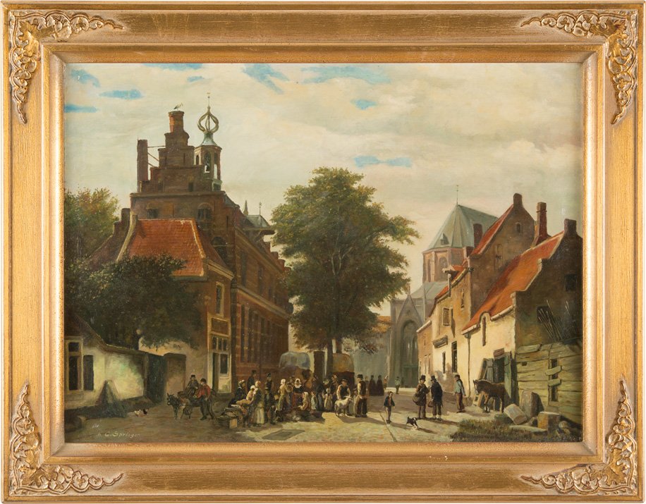 NIEDERLÄNDISCHE STRASSENANSICHT: CORNELIUS (CORNELIS) SPRINGER 1817 Amsterdam - 1891 Hilversum (nach) Niederländische Strassenansicht Öl auf Leinwand. 60 cm x 80 cm. Unten links bezeichnet 'n. C. Springer'. Minimalst best. Rahmen.