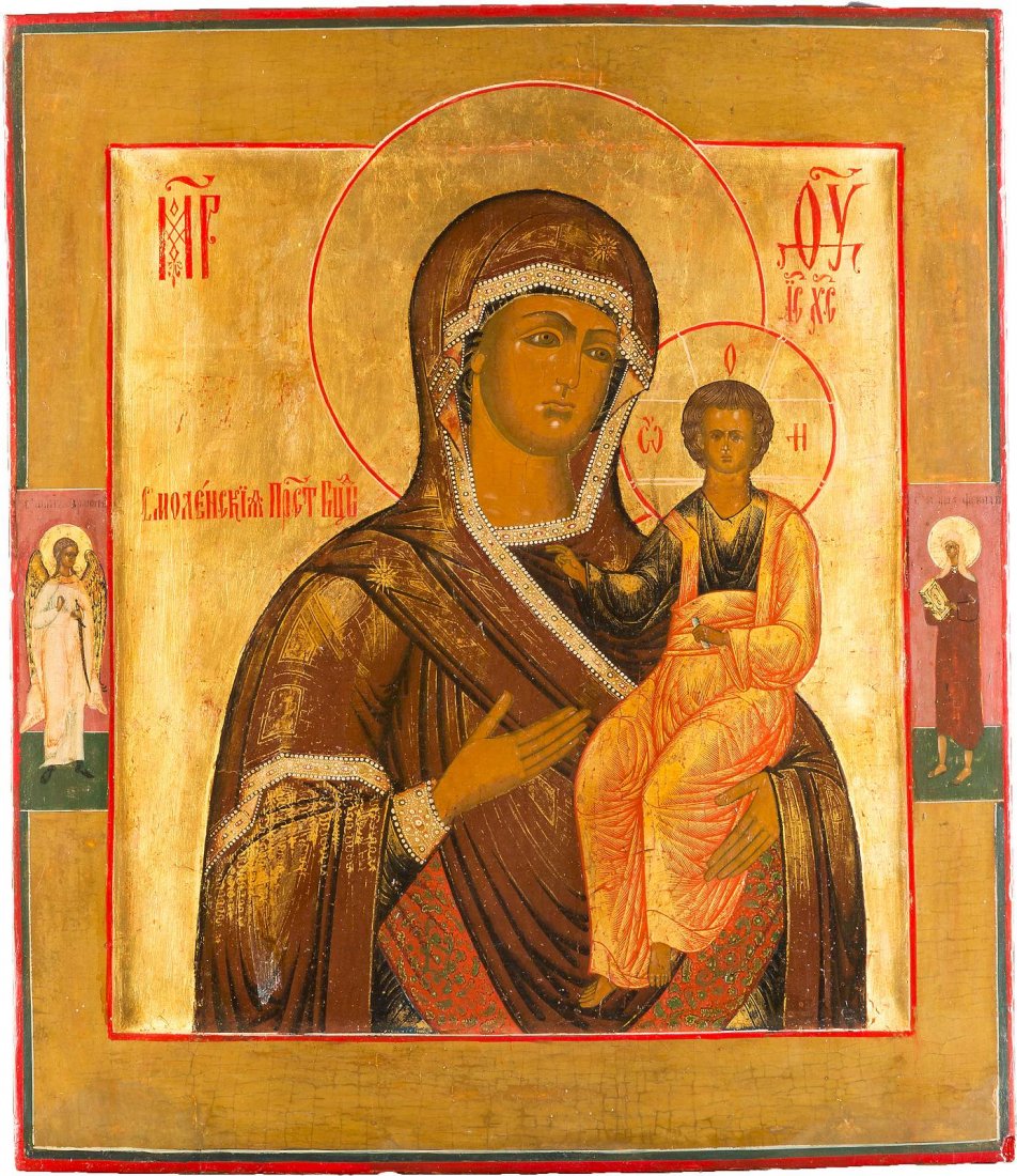 A LARGE ICON OF THE SMOLENSKAYA MOTHER OF GOD Russian,: A LARGE ICON OF THE SMOLENSKAYA MOTHER OF GOD Russian, early 19th century Tempera on wood panel with kovcheg. Holding Christ in one hand and gesturing to him with the other, Christ blessing and clutch