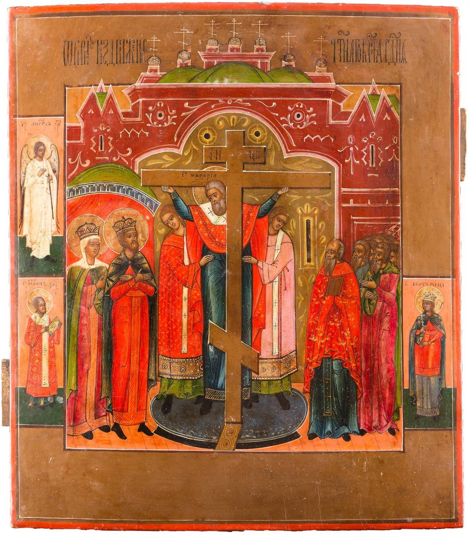THE EXALTATION OF THE TRUE CROSS Russian, 19th century: THE EXALTATION OF THE TRUE CROSS Russian, 19th century Tempera on wood panel with kovcheg. Depicted against an elaborate red architectural background, in the middle Patriarch of Jerusalem Makarios rai