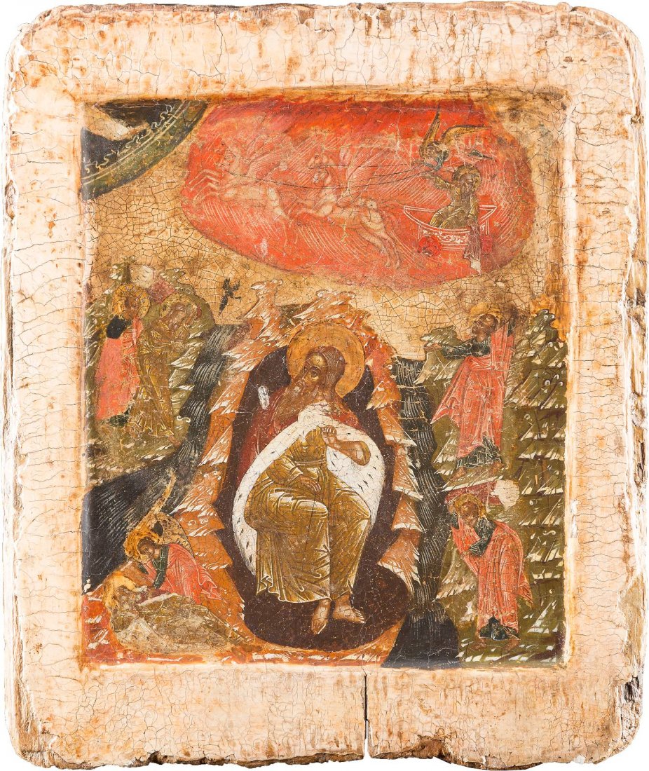 THE PROPHET ELIJAH IN THE DESSERT AND HIS FIERY ASCENT: THE PROPHET ELIJAH IN THE DESSERT AND HIS FIERY ASCENT TO HEAVEN Russian, in the 17th century style Tempera on wood panel with kovcheg. The lower register showing the narrative of Prophet Elijah's jou