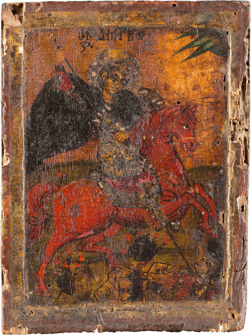 ST DIMITRI OF SALONIKI Greek, 18th century Egg tempera: ST DIMITRI OF SALONIKI Greek, 18th century Egg tempera on wood panel with kovcheg. Traditionally painted against a golden background. St. Dimitri shown on horseback slaying the Anti-Christ. Worm holes