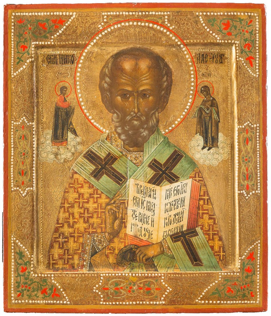 ST. NICHOLAS OF MYRA Russian, late 19th century Tempera: ST. NICHOLAS OF MYRA Russian, late 19th century Tempera on wood panel with kovcheg. Traditionally painted on gold ground. The borders ornately incised and painted in faux enameling. Minimally restored