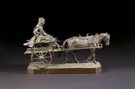 ALBERT MORITZ WOLFF (1854 Berlin - 1923 Lüneburg): ALBERT MORITZ WOLFF (1854 Berlin - 1923 Lüneburg) RUSSISCHES PAAR LOVERS ON A RIDE um 1900 Circa 1900 Bronze, gegossen und dunkel patiniert. L. 37 cm. Auf der Plinthe in Kyrillisch singiert 'A Depict