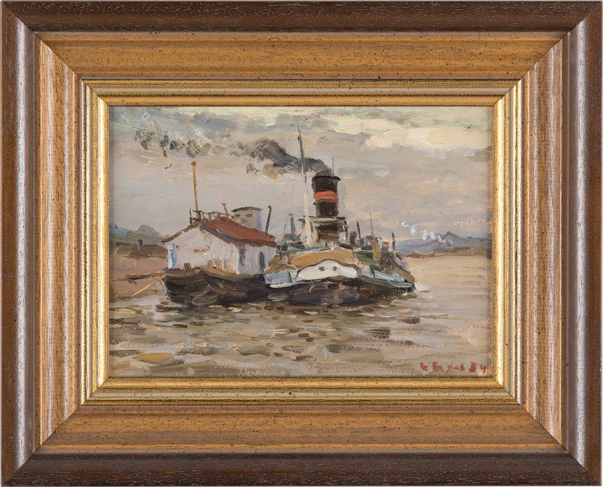 IVAN VASILIEVICH SOROKIN 1922 Gavrilovskoje/ near: IVAN VASILIEVICH SOROKIN 1922 Gavrilovskoje/ near Rjazan - Moscow 2004 Schleppboot auf dem Fluss Tug boat on the river Öl auf Malkarton. 18,5 cm x 25,5 cm. Rahmen. Unten rechts in Kyrillisch signiert