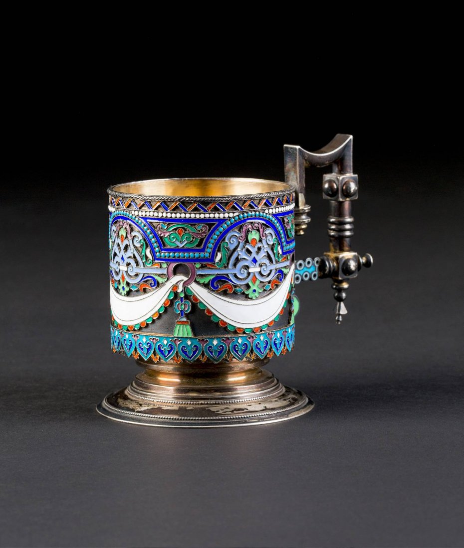 A RARE SILVER-GILT AND CLOISONNÉ ENAMEL TEAGLASS HOLDER (1 of 1)