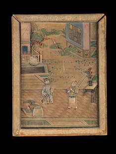 POLYCHROME PIETRA DURA TAFEL MIT VERBORGENER EROTISCHER: POLYCHROME PIETRA DURA TAFEL MIT VERBORGENER EROTISCHER SZENE China, Qing Dynastie Holz, Seidenstoff, bemalt mit Halbedelsteinen ausgelegt. 28 x 22 cm. Schriftreste am oberen Rand. Min. besch., Gebrau
