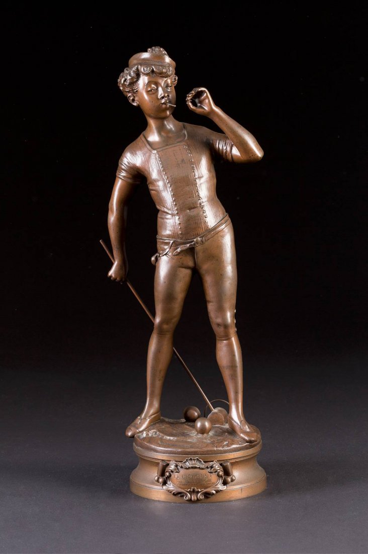 ADOLPHE JEAN LAVERGNE 1863 Hautefort - ca. 1928 Paris: ADOLPHE JEAN LAVERGNE 1863 Hautefort - ca. 1928 Paris (?) 'Le Croquet' Bronze, braun patiniert. H. 44 cm. Auf dem Sockel bezeichnet 'Lavergne', vorderseitig mit einer Plakette 'Le Croquet par Lavergne