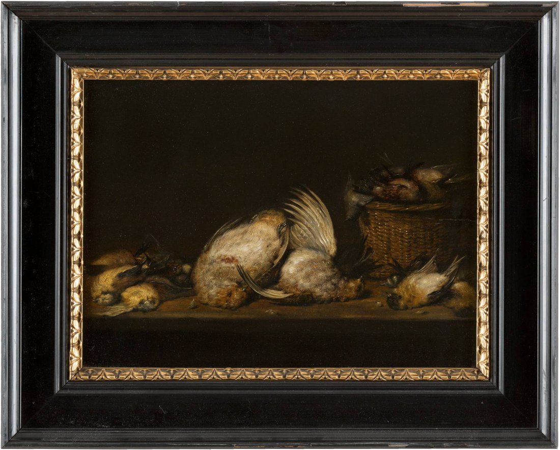 JAN FYT (AUCH FIJT) 1611 Antwerpen - 1661 ebenda: JAN FYT (AUCH FIJT) 1611 Antwerpen - 1661 ebenda (attr.) Stillleben mit einem Korb und toten Vgeln l auf Eichenholztafel. 41,5 cm x 55,5 cm. Min. rest. Rahmen. Provenienz: Sddeutsche Privatsammlung.