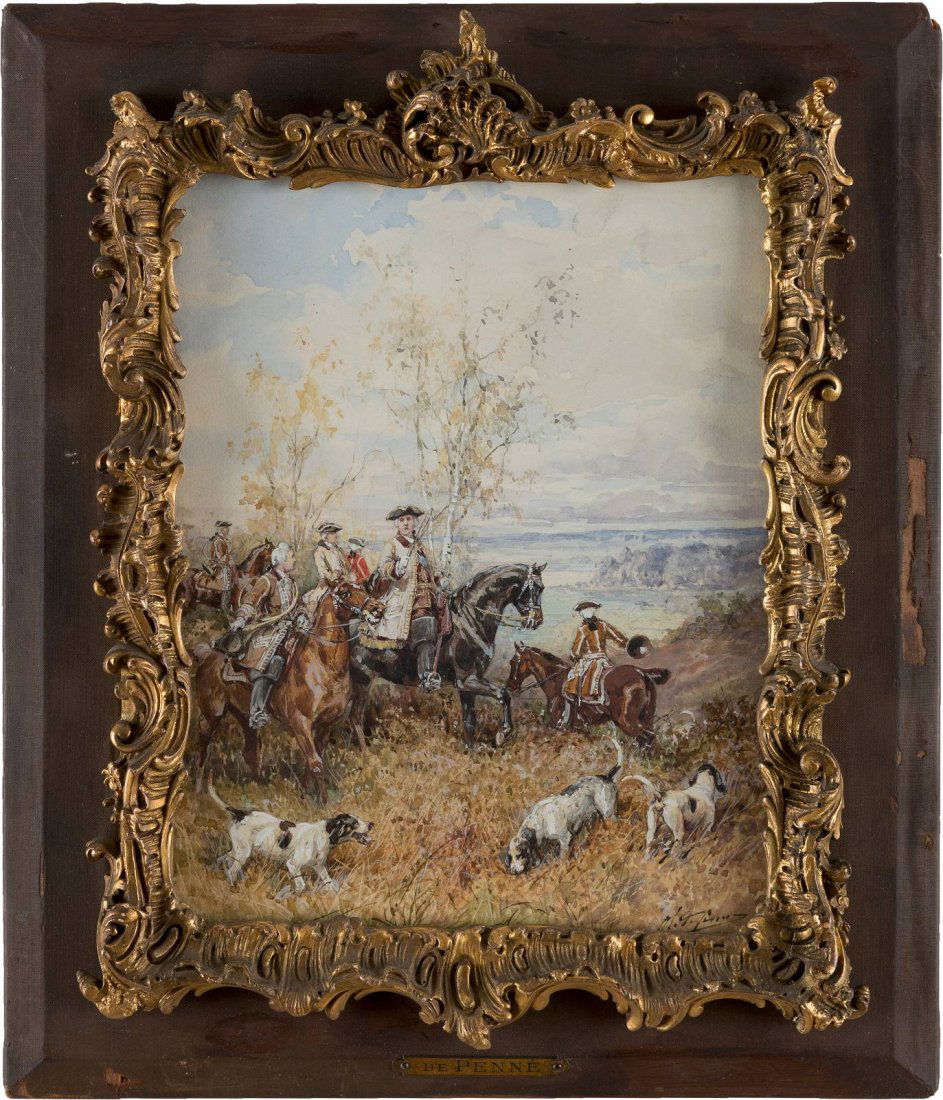 OLIVIER CHARLES DE PENNE 1831 Paris - 1897 Marlotte Auf: OLIVIER CHARLES DE PENNE 1831 Paris - 1897 Marlotte Auf der Treibjagd Gouache ber Bleistift auf Papier. SM 25 x 20 cm. Unten rechts signiert 'Ol. de Penne'. Hinter Glas gerahmt (ungeffnet).