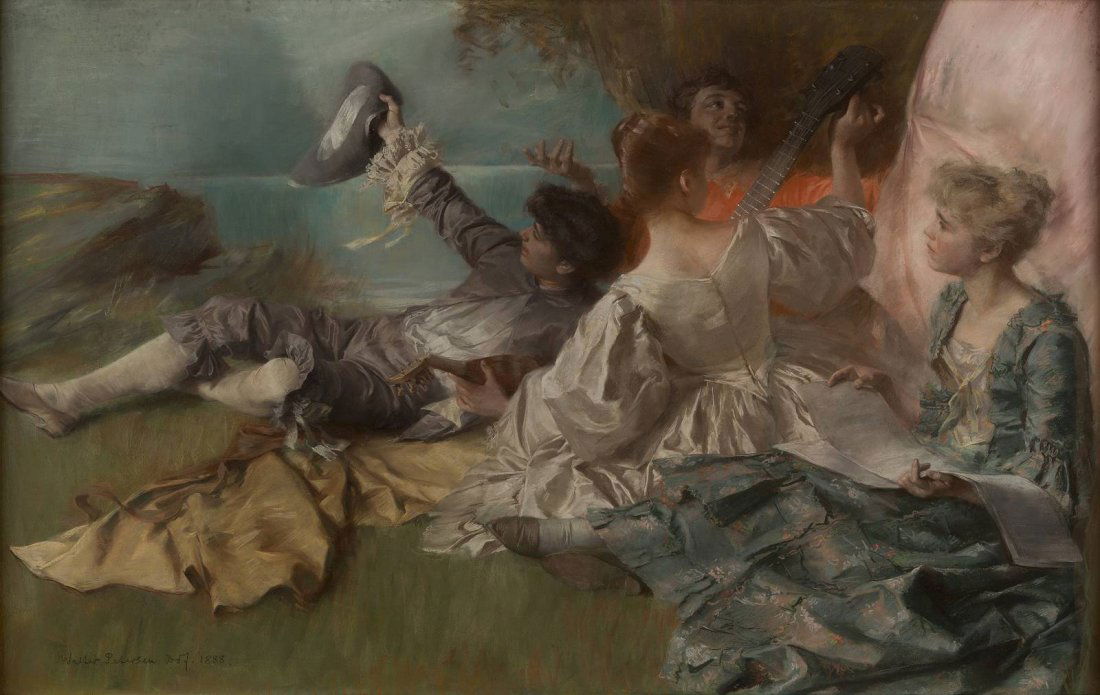 WALTER PETERSEN 1862 Burg (Wupper) - 1950 Dsseldorf: WALTER PETERSEN 1862 Burg (Wupper) - 1950 Dsseldorf Fte champtre Pastellkreise auf Papier. SM 94 x 148 cm (nicht ausgerahmt). Signiert und datiert unten links 'Walter Petersen Ddf. 1888'. Min. stockfl