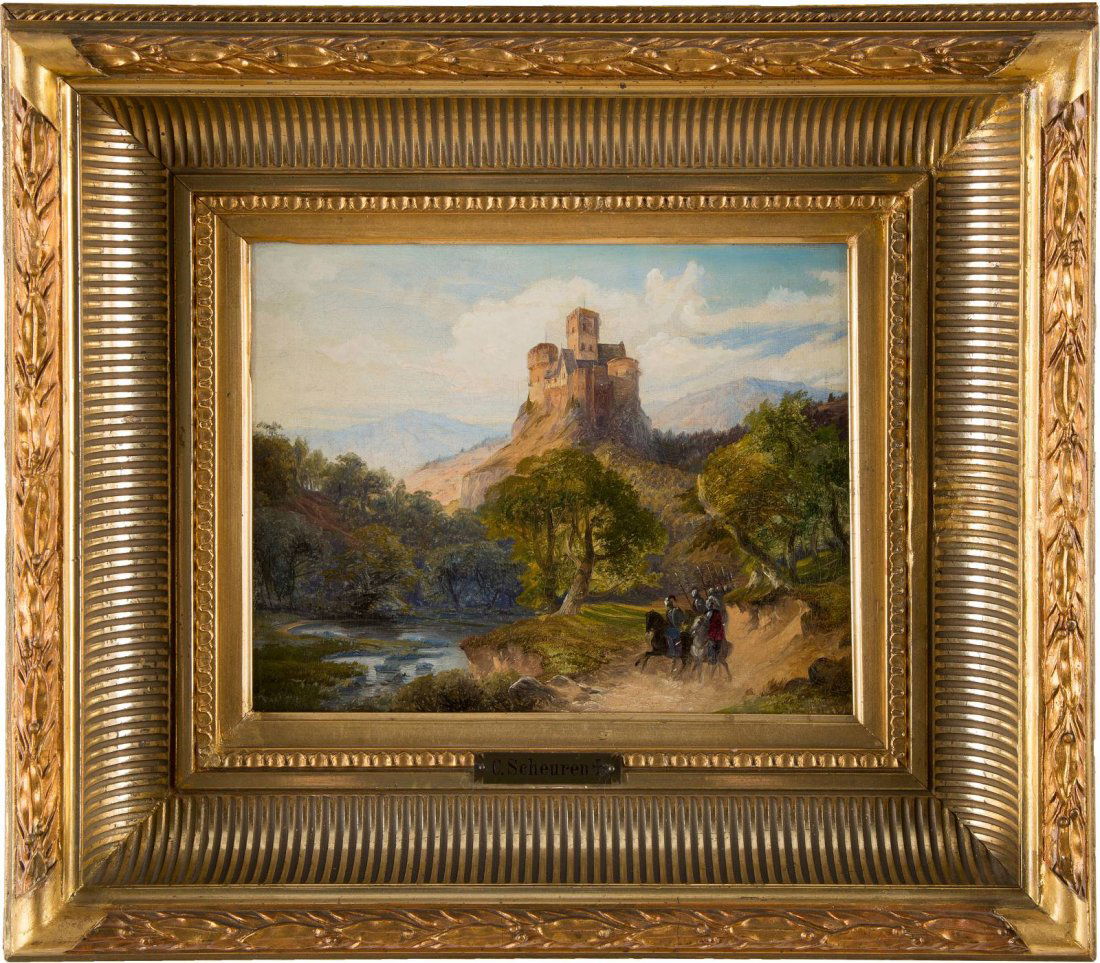 CASPAR JOHANN NEPOMUK SCHEUREN 1810 Aachen - 1887: CASPAR JOHANN NEPOMUK SCHEUREN 1810 Aachen - 1887 Dsseldorf Berittene Soldaten vor einer Burganlage l auf Leinwand, doubliert. 21 x 26 cm. Bezeichnet auf der Rckseite 'Prof. C. Scheuren; F. Hennert'.