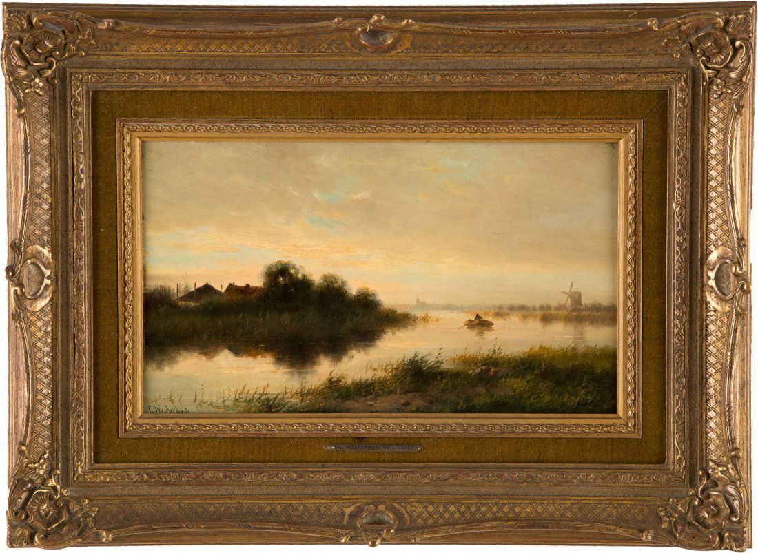 CORNELIS WESTERBEEK 1844 Sassenheim (Zuid-Holland) -: CORNELIS WESTERBEEK 1844 Sassenheim (Zuid-Holland) - 1903 Den Haag Abendstimmung ber einer hollndischen Gracht l auf Holz. 20,5 x 35 cm. Signiert unten links 'C. Westerbeek'. Rahmen.