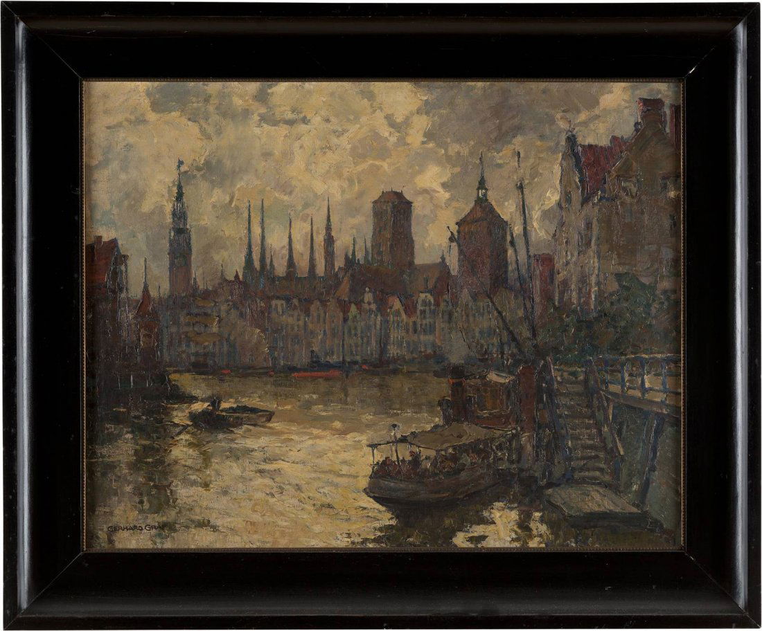 GERHARD GRAF 1883 Berlin - 1958 Stockholm Im Hafen von: GERHARD GRAF 1883 Berlin - 1958 Stockholm Im Hafen von Stralsund l auf Leinwand. 70 x 90 cm. Signiert unten links 'Gerhard Graf'. Rahmen. Provenienz: Privatsammlung Rheinland.