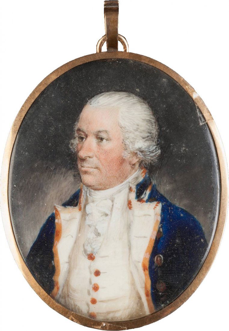 JOHN DOWNMAN 1750 Rerabon (North Wales) - 1824 Wrexham: JOHN DOWNMAN 1750 Rerabon (North Wales) - 1824 Wrexham (zugeschrieben) PORTRT EINES OFFIZIERS Gouache auf Elfenbein. 60 x 48 mm / 76 x 52 mm (mit Montierung). Verso: Eingeglastes und von blauem Glas g