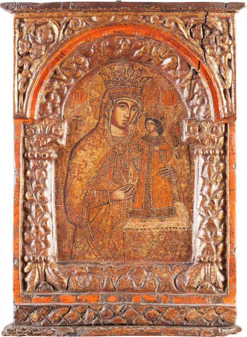 AN ICON OF THE MOTHER OF GOD 'OF THE UNFADING ROSE': AN ICON OF THE MOTHER OF GOD 'OF THE UNFADING ROSE' Greek, 18th century Tempera on wood panel, painted on a gold ground. In the centre the Mother of God in half-lenght holding the Christ in her left a