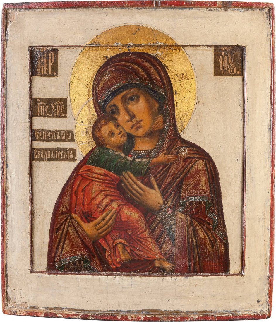 AN ICON OF THE VLADIMIRSKAYA MOTHER OF GOD Russian,: AN ICON OF THE VLADIMIRSKAYA MOTHER OF GOD Russian, 19th century Tempera on wood panel with double kovcheg. The background and border stripped to gesso, restored. 30.6 x 27 cm. IKONE MIT DER GOTTESMUT