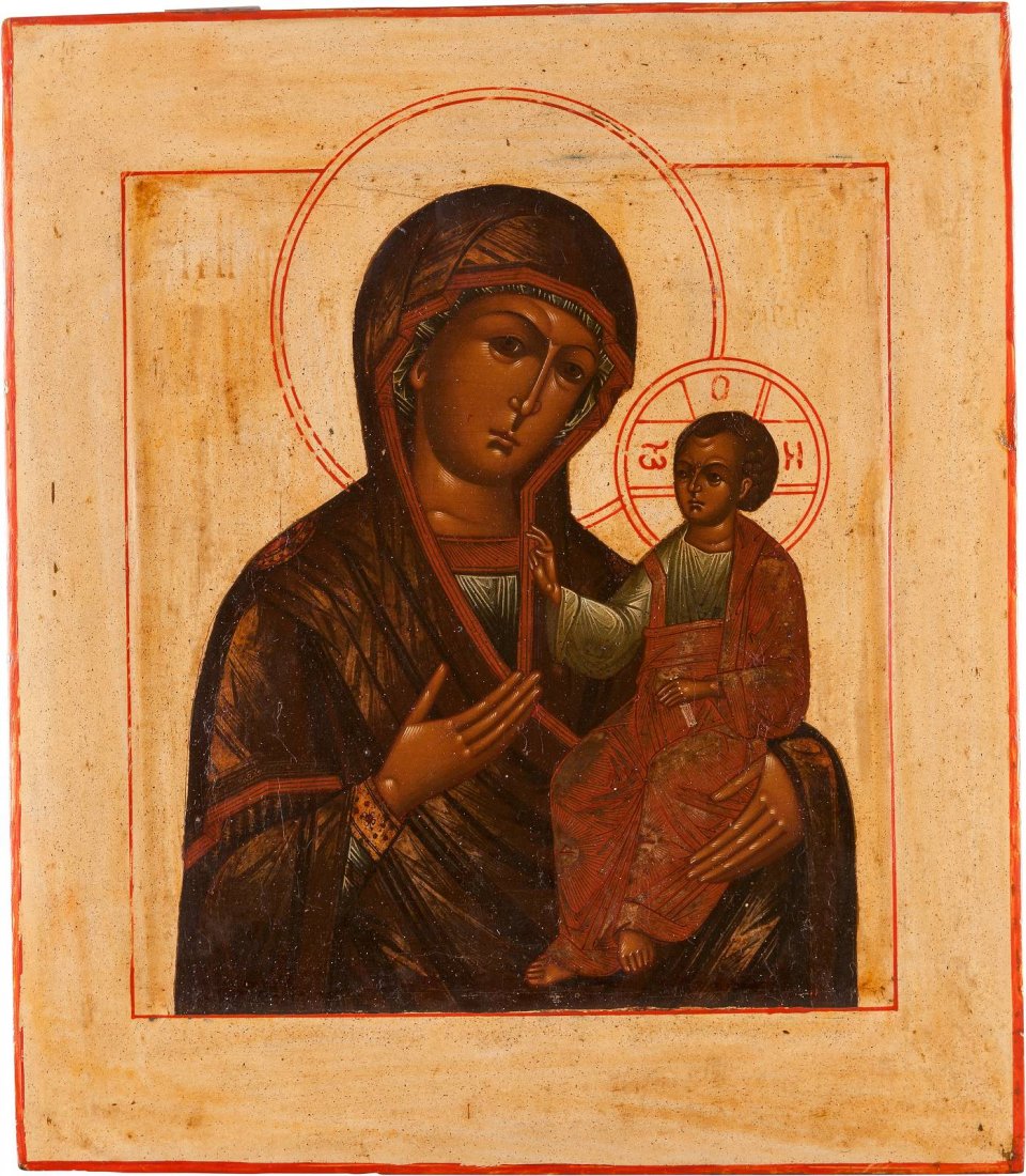 AN ICON SHOWING THE IVERSKAYA MOTHER OF GOD Russian,: AN ICON SHOWING THE IVERSKAYA MOTHER OF GOD Russian, 19th century Tempera on wood panel with kovcheg. The background and border stripped to gesso, minimally restored. 31.1 x 27 cm. IKONE MIT DER GOTTE