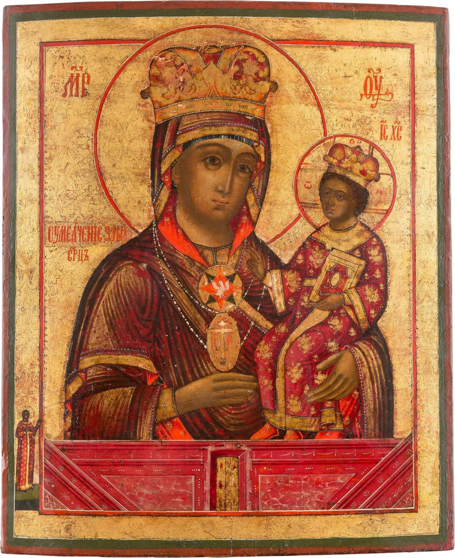 A LARGE ICON OF THE MOTHER OF GOD OF CHENSTOKHOVSKAYA: A LARGE ICON OF THE MOTHER OF GOD OF CHENSTOKHOVSKAYA Russian, Vetka, mid 19th century Tempera on wood panel. Portrayed half-length with crown. The Christ Child seated on her left arm, blessing and ho