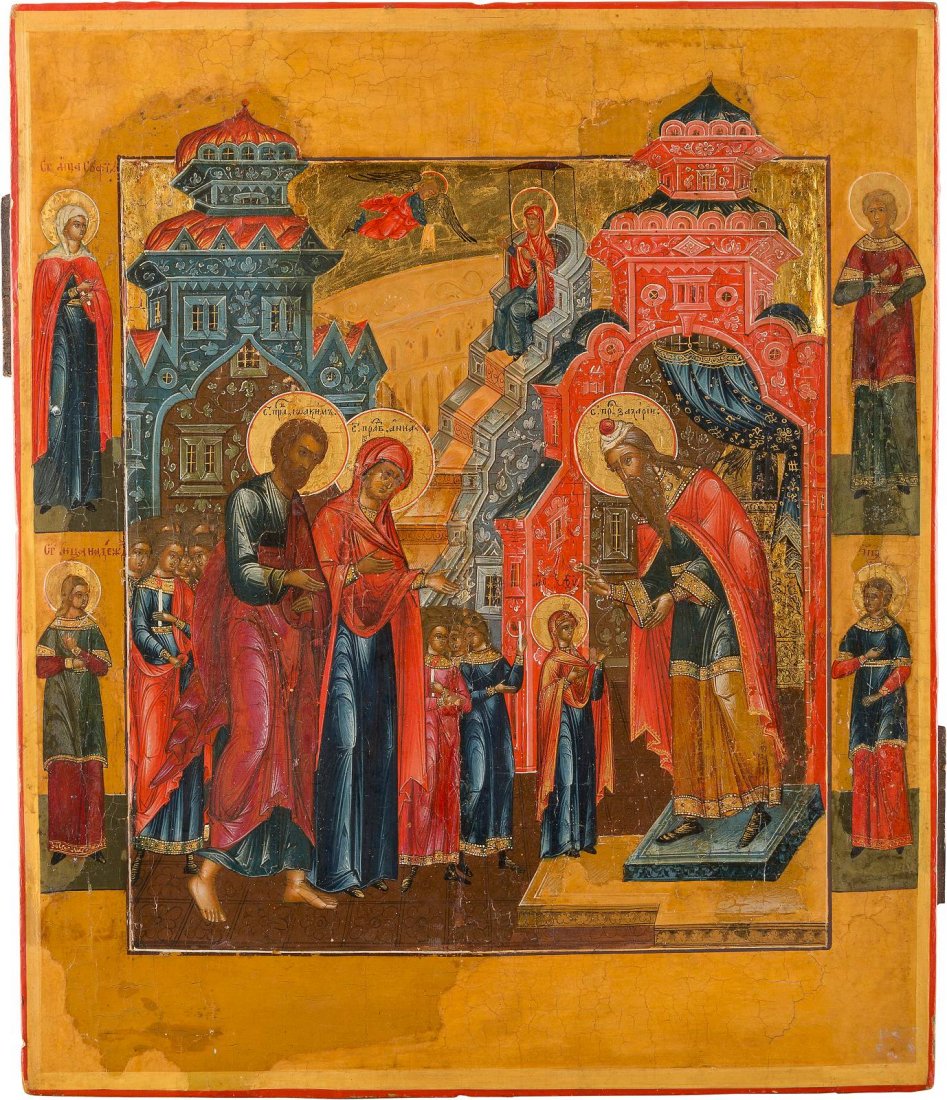 AN ICON OF THE PRESENTATION TO THE TEMPLE Central: AN ICON OF THE PRESENTATION TO THE TEMPLE Central Russian, 19th century Tempera on wood panel. The panel narrating the Presentation and the Boarding of the Mother of God in the Temple. In the foregrou
