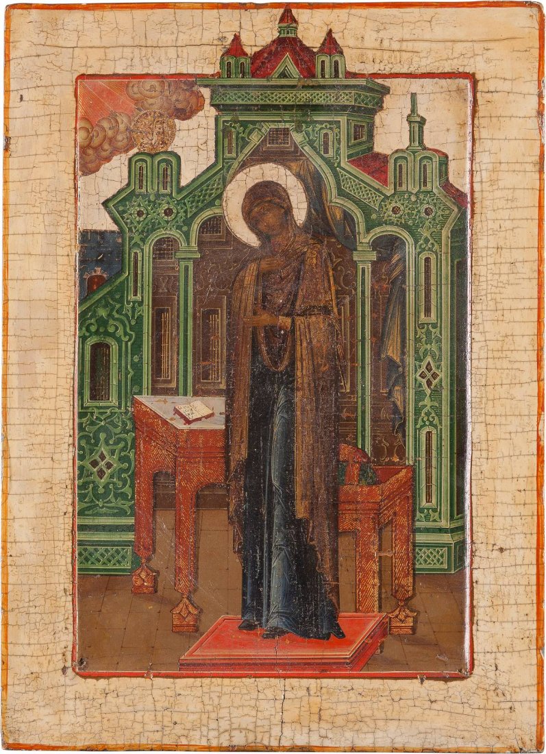 AN ICON SHOWING THE MOTHER OF GOD FROM AN ANNUNCIATION: AN ICON SHOWING THE MOTHER OF GOD FROM AN ANNUNCIATION Russian, 19th century Tempera on wood panel with kovcheg laid down on panel. The background and border stripped to gesso. 31.2 x 22.5 cm. IKONE M