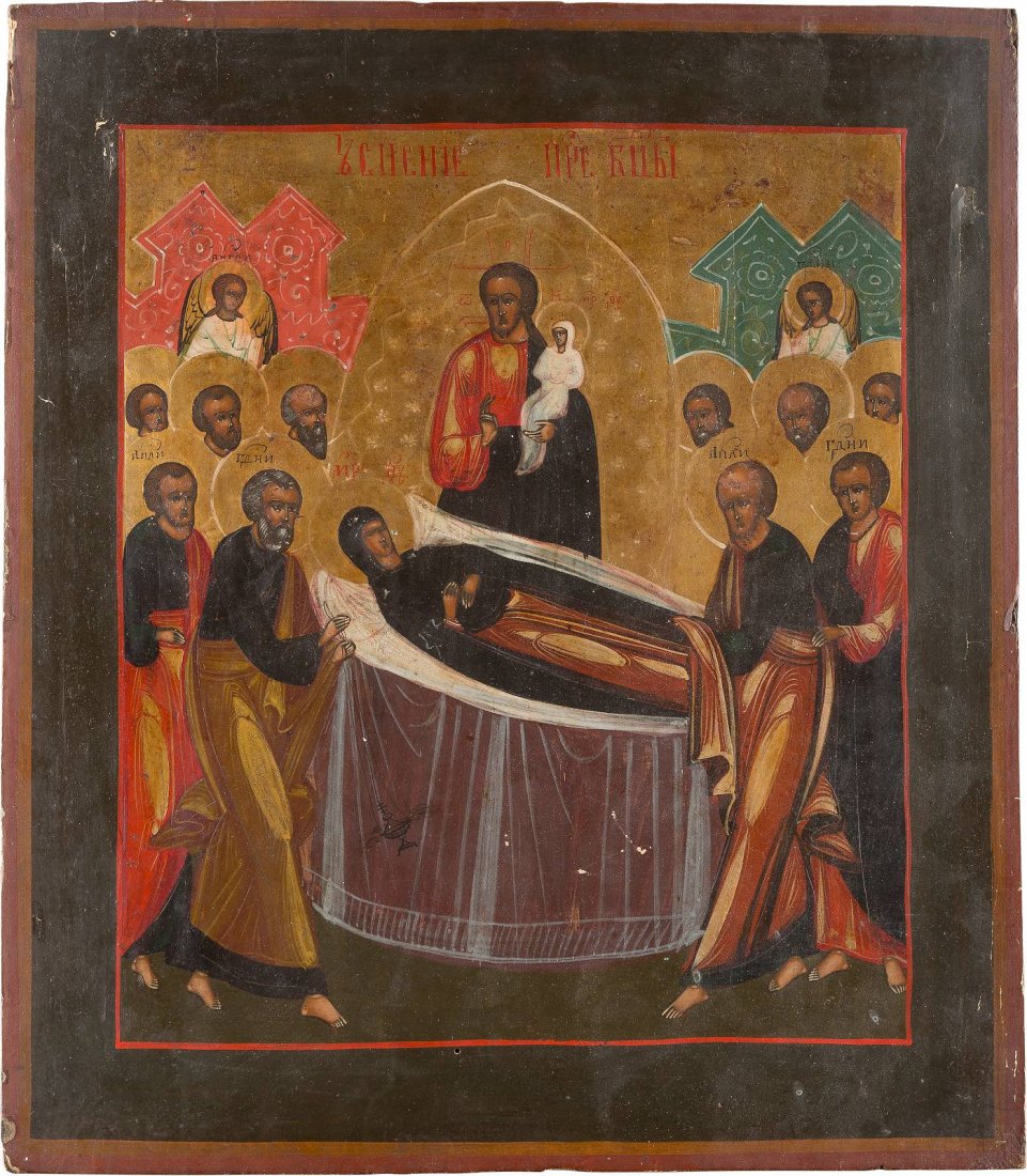 A LARGE ICON SHOWING THE DORMITION OF THE MOTHER OF GOD: A LARGE ICON SHOWING THE DORMITION OF THE MOTHER OF GOD Russian, 19th century Tempera on wood panel. The background made of silver, covered by a golden lacquer. Minimally restored. 40 x 35 cm. GROSSE 