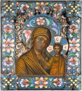 A SMALL ICON SHOWING THE KAZANSKAYA MOTHER OF GOD WITH: A SMALL ICON SHOWING THE KAZANSKAYA MOTHER OF GOD WITH SILVER AND CLOISONNÉ ENAMEL RIZARussian, Moscow, Dmitri Lukitch Smirnov, 1896-1908 Oil on metal on wood with velvet backing. Traditionally paint