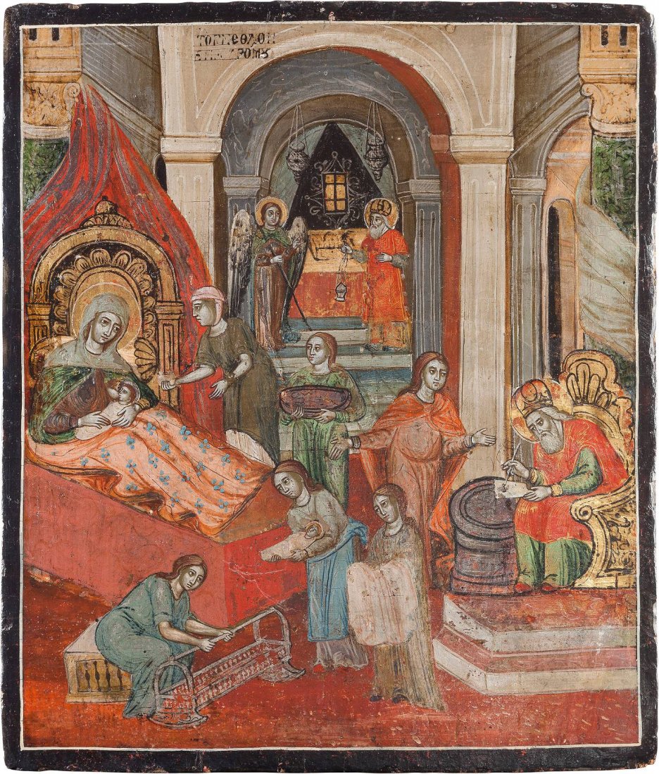 A LARGE ICON SHOWING THE NATIVITY OF ST. JOHN THE: A LARGE ICON SHOWING THE NATIVITY OF ST. JOHN THE FORERUNNER Greek, mid 18th century Tempera on wood panel. The panel depicting St. Elizabeth at left with attendants preparing the craddle for the infa