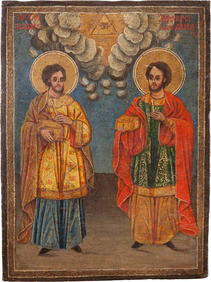 AN ICON SHOWING THE STS. KOSMAS AND DAMIAN PATRONS OF: AN ICON SHOWING THE STS. KOSMAS AND DAMIAN PATRONS OF DOCTORS Greek, 19th century Tempera on wood panel. 30.6 x 23 cm. IKONE MIT DEN ARZTHEILIGEN KOSMAS UND DAMIAN Griechenland, 19. Jh. Hartholz-Tafel