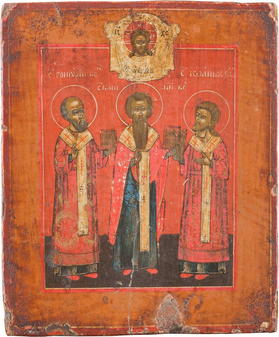 A SMALL ICON SHOWING THREE HOLY CHURCH FATHERS Russian, (1 of 1)