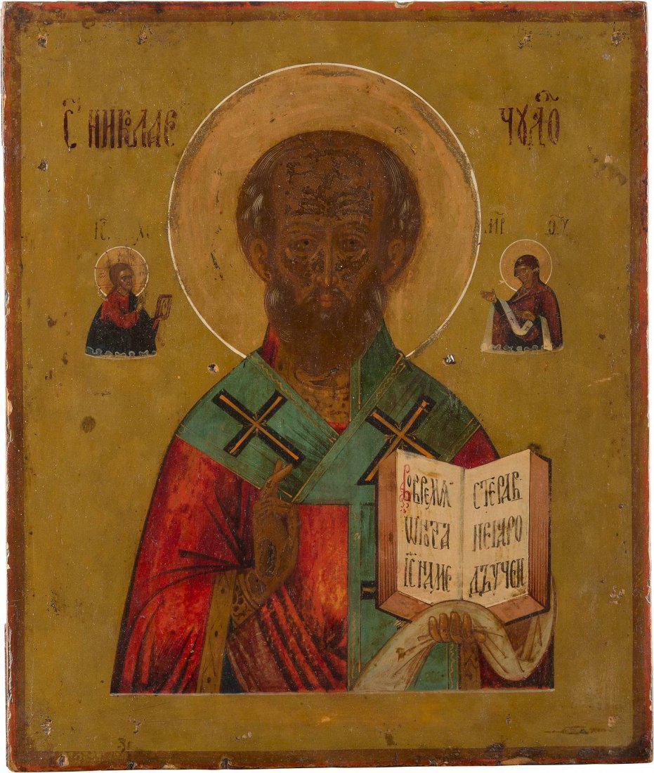 AN ICON OF ST. NICHOLAS OF MYRA Russian, 2nd half 19th: AN ICON OF ST. NICHOLAS OF MYRA Russian, 2nd half 19th century Tempera on wood panel. Losses restored. 31.2 x 26.4 cm. IKONE MIT DEM HEILIGEN NIKOLAUS VON MYRA Russland, 2. HÃ¤lfte 19. Jh. Aus zwei 