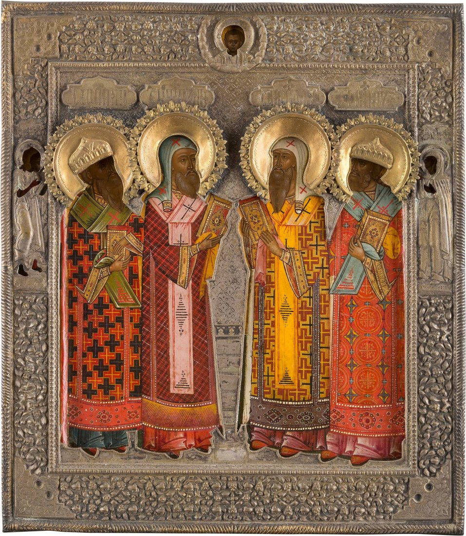 THE FOUR METROLPOLITANS OF MOSCOW WITH OKLAD Russian,: THE FOUR METROLPOLITANS OF MOSCOW WITH OKLAD Russian, 19th century Tempera on wood panel with kovcheg. Sts. Petr, Aleksii, Ionah and Philipp shown full-length in processional vestments. Each of their 