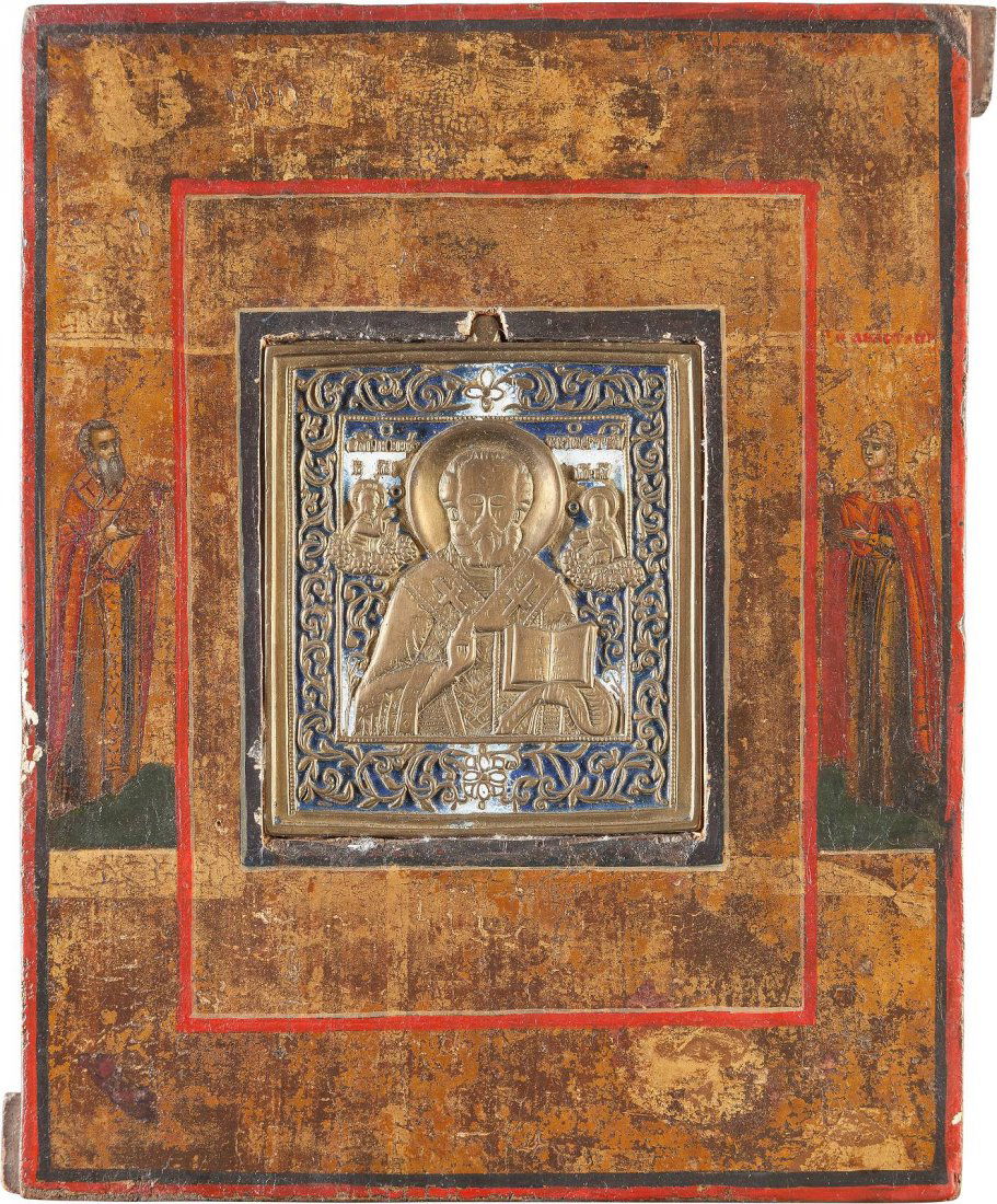 A BRASS ICON SHOWING ST. NICHOLAS OF MYRA INSET INTO A (1 of 1)