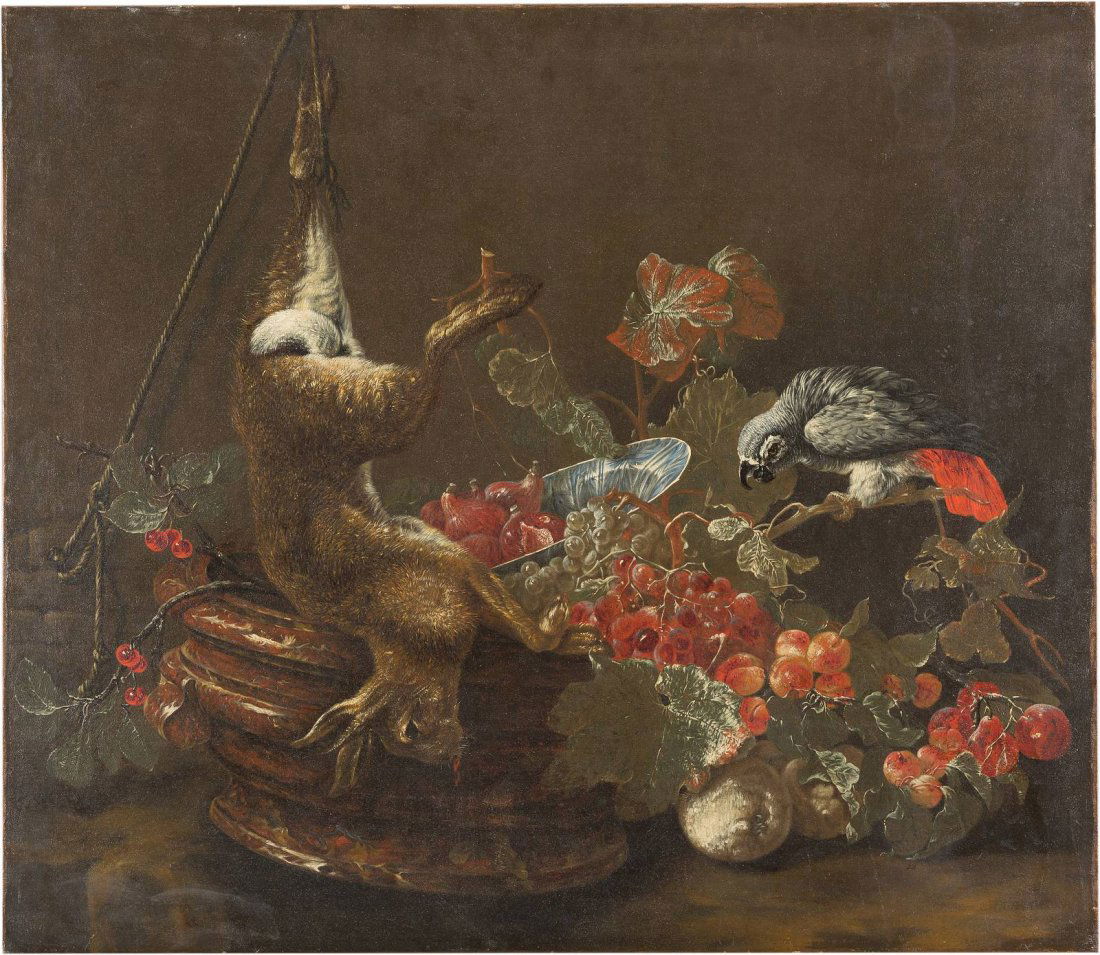 FLÄMISCHER STILLLEBENMALER (JAN FYT-KREIS) Tätig um: FLÄMISCHER STILLLEBENMALER (JAN FYT-KREIS) Tätig um 1700 STILLLEBEN MIT HASE, MARMORSCHALE, FRÜCHTEN UND PAPAGEI Öl auf Leinwand (doubl.). 95,5 cm x 110 cm. Min. rest. Rahmen. Provenienz: Privatsa