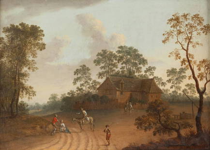 FRANKFURTER SCHULE (CHRISTIAN GEORG SCHÜTZ-KREIS) 1718: FRANKFURTER SCHULE (CHRISTIAN GEORG SCHÜTZ-KREIS) 1718 Flörsheim - 1791 Frankfurt a.M. LANDSCHAFT MIT PERSONENSTAFFAGE Öl auf Holztafel. 28 cm x 34 cm. Part. min. rest. Rahmen. Provenienz: Privatsa