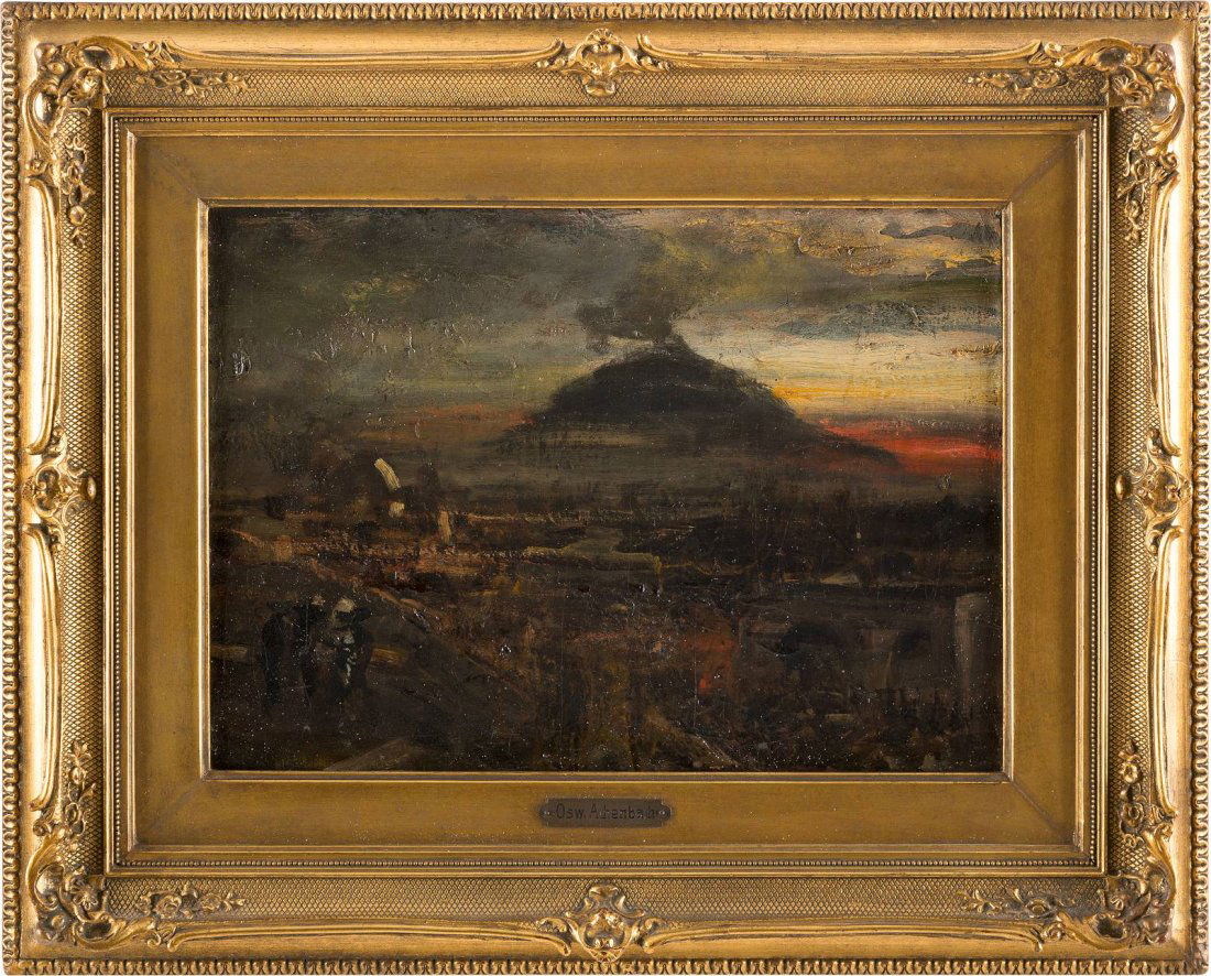 DÜSSELDORFER SCHULE 19. Jh. Nächtliche Ansicht des: DÜSSELDORFER SCHULE 19. Jh. Nächtliche Ansicht des Vesuvs in der Bucht von Neapel Öl auf Leinwand. 27,5 x 36,5 cm. Verso: Ein Siegel und der Hinweis auf den Künstler Oswald Achenbach. Rahmen.