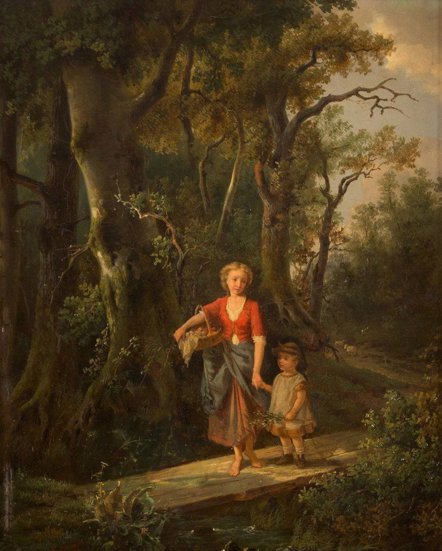 AUGUSTE COOMANS Tätig ab 1840 Belgien - 1896 Zwei: AUGUSTE COOMANS Tätig ab 1840 Belgien - 1896 Zwei heimkehrende Mädchen Öl auf Holz. 46 x 37,5 cm. Signiert und datiert unten links 'A. Coomans; 1861'. Rahmen.