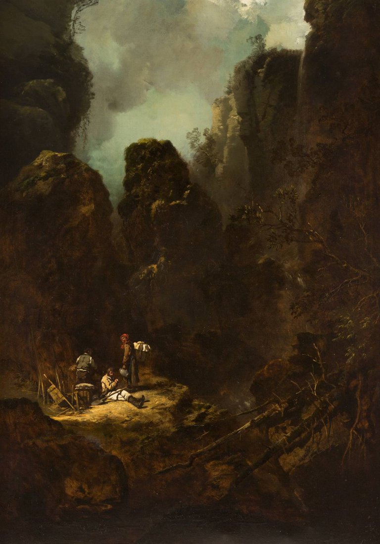 CHARLES HOGUET 1821 Berlin - 1870 ebenda Felsenschlucht: CHARLES HOGUET 1821 Berlin - 1870 ebenda Felsenschlucht Öl auf Leinwand, doubliert. 112 x 79 cm. Signiert unten links 'C Hoguet'. Verso: Zwei Etiketten (wohl von einer Ausstellung stammend). Rahmen.