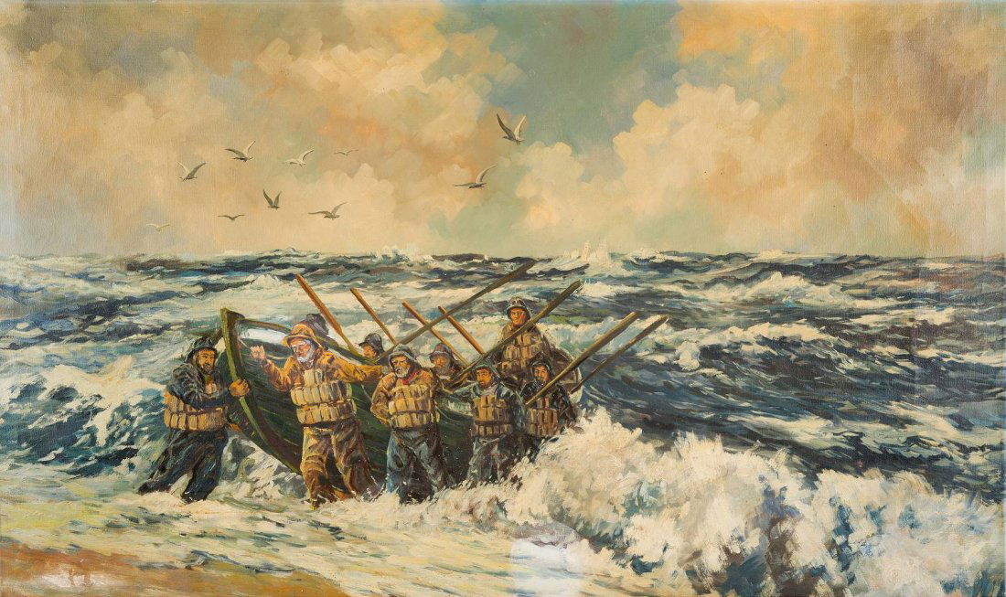 MICHAEL ANCHER 1849 Frigaard - 1927 Skagen,: MICHAEL ANCHER 1849 Frigaard - 1927 Skagen, zugeschrieben Fischer kommen an Land Öl auf Leinwand. 100 x 165 cm. Rest.