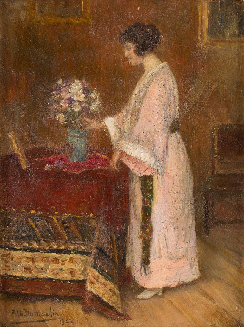 ALBERT DUMOULIN 1871 Maastrich - 1935 Forest Frau mit: ALBERT DUMOULIN 1871 Maastrich - 1935 Forest Frau mit Blumenbouquet Öl auf Karton. 32 x 24 cm. Signiert und datiert unten links 'Alb. Dumoulin; 22'. Starkes Craquelee. Rahmen.